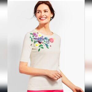 Cream Embroidered Knit Top Short Sleeve Floral